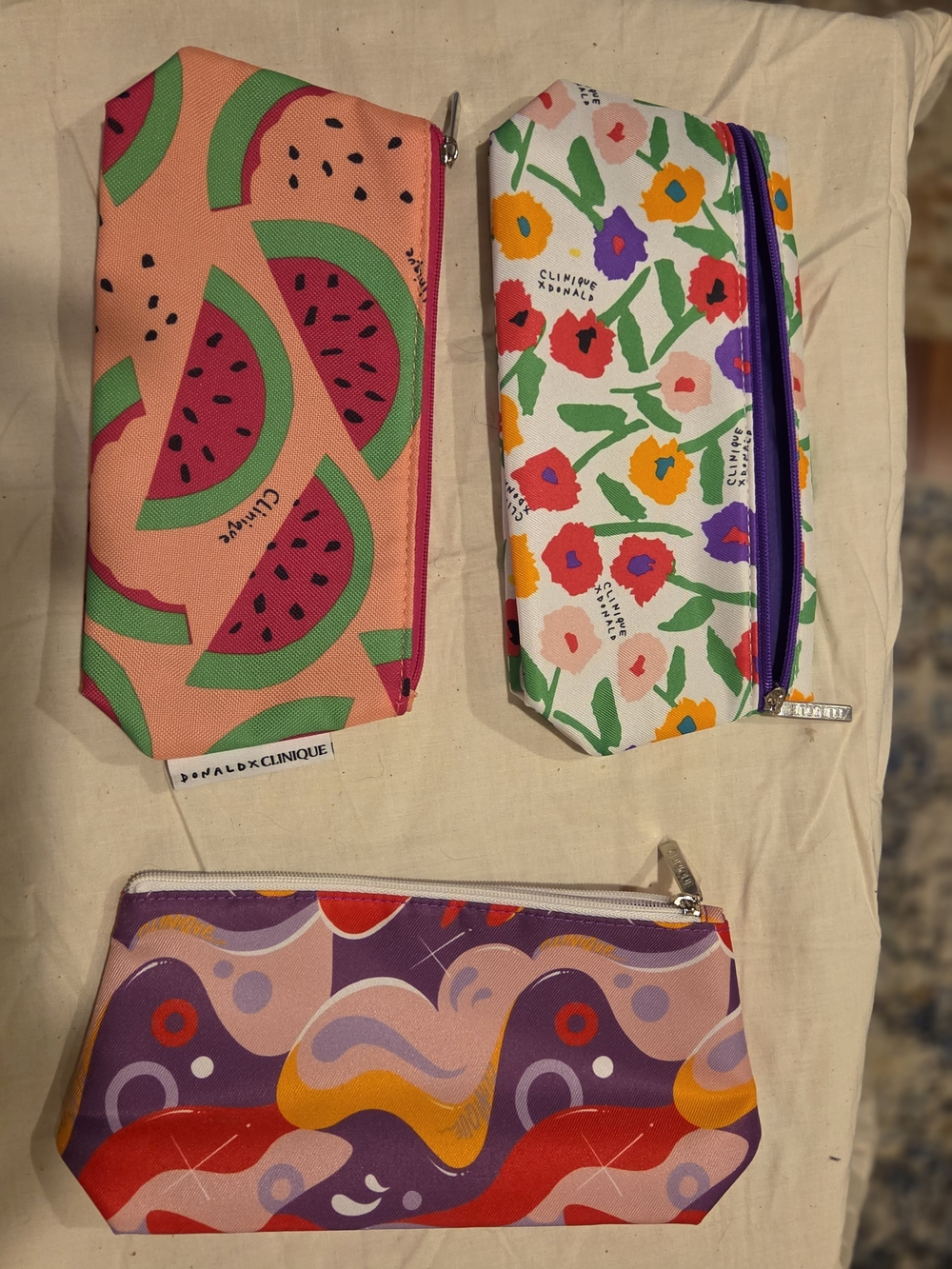 Clinique x Donald Watermelon & Floral Cosmetic Pouches - Pink, Green, White